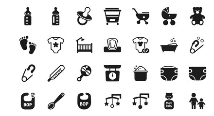 A comprehensive set of flat glyph icons representing newborn baby essentials, childcare objects, and parenting symbols for graphic design
