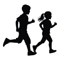 Silhouettes of a boy and girl running together symbolizing active children's outdoor activities and healthy childhood lifestyle silhouette