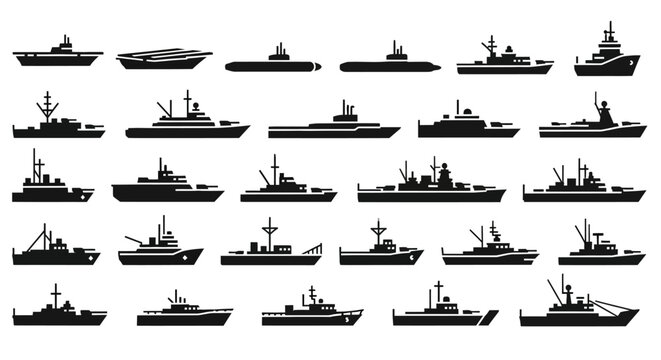 Collection of military navy ship silhouettes. Vector icon set of warships, battleships, submarines, and aircraft carriers