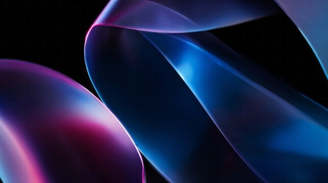 Glowing translucent ribbons undulate across a deep black background in abstract composition