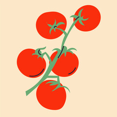 Vector illustration of tomatoes in flat, doodle, minimalist style. Simple hand-drawn food design with tomato fruits, slices, and branches. Perfect for kitchen decor, packaging, menus, and healthy food