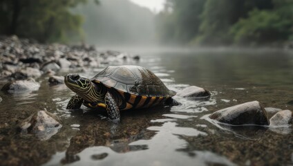 Fototapeta premium Turtle in the river, a serene moment in natures embrace.