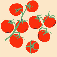 Vector illustration of tomatoes in flat, doodle, minimalist style. Simple hand-drawn food design with tomato fruits, slices, and branches. Perfect for kitchen decor, packaging, menus, and healthy food