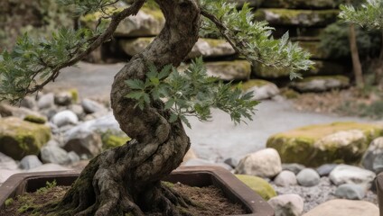 Twisted Juniper Bonsai Tree in Serene Japanese Garden Setting.