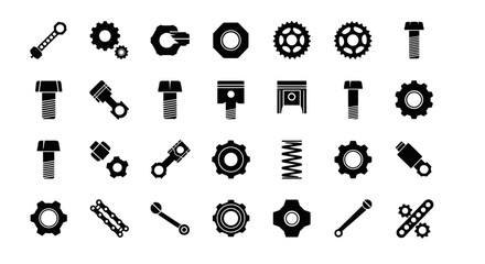 Industrial machinery and vehicle spare parts icon set. Flat design vector symbols for mechanics, technology, and engineering concepts