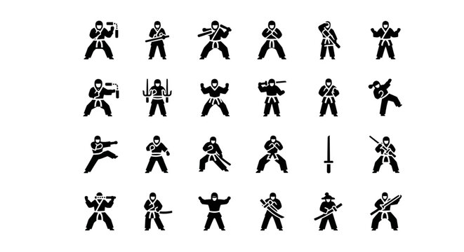 A versatile set of solid black glyph icons featuring Japanese warriors, ninjas, and samurai in dynamic martial arts postures with weapons