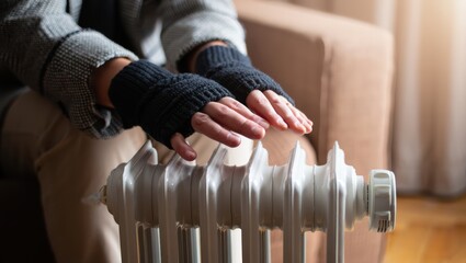 Person warming hands with fingerless gloves on home radiator during winter.