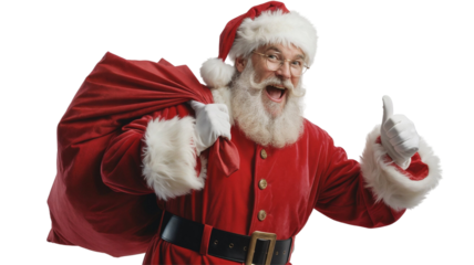 Smiling Santa Claus with sack giving thumbs up on white or transparent background for Christmas design and festive use.