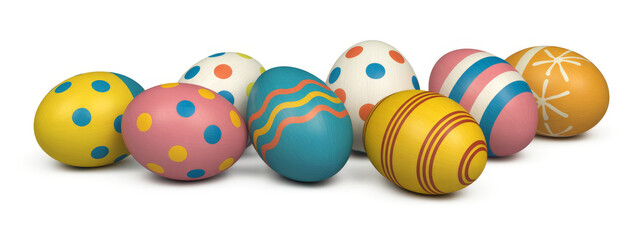 Obraz premium A collection of brightly colored patterned eggs arranged on a white background perfect for Easter celebrations.