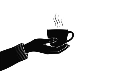 A stylized black silhouette of a hand reaching out to offer a steaming hot cup of coffee or tea against a clean white background.