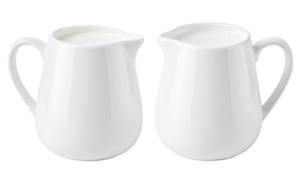 White ceramic milk pitcher filled with fresh creamy milk isolated on transparent background