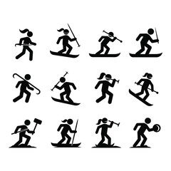 Diverse winter sports icon set representing skiing snowboarding and other outdoor activities for digital design applications silhouette