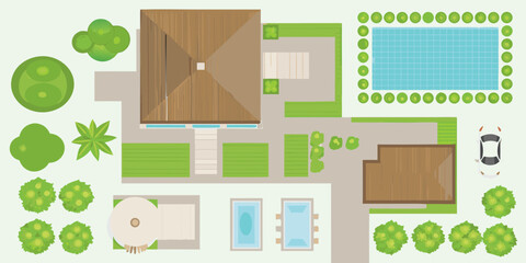 Top down view of a modern house layout with swimming pool and garden elements © Pabitra