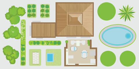 Top down view of a house with a pool garden and outdoor living space © Pabitra
