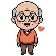 Obraz premium An elderly gentleman, beaming, ready to share some warmth and charm, wears round glasses and a sweater, accompanied by a heart symbol