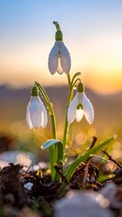 Delicate white snowdrop flowers glowing in the warm light of a golden sunset.
