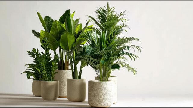 Collection of lush potted plants against a clean white background