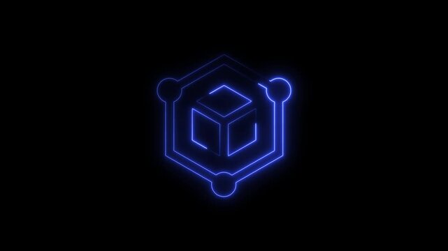 Neon Blue Hexagonal Cube Icon With Circles On Black Background abstract bright