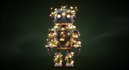 Whimsical robot adorned with glowing fairy lights and delicate flowers, perfect for fantasy and tech themes.