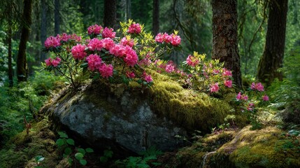 A cluster of vibrant pink azaleas blooming atop a moss-covered rock in a dark forest with light rays