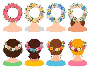 Eight stylized illustrations showcasing women's backs with floral crowns or wreaths atop. They vary in hair color, skin tone, and attire