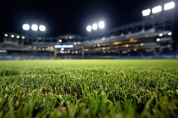 Close up of grass field with stadium lights at night