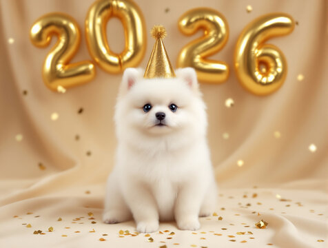 Cute Puppy Celebrating New Year 2026 with Golden Balloons