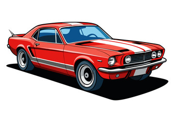 Classic red muscle car with white racing stripes