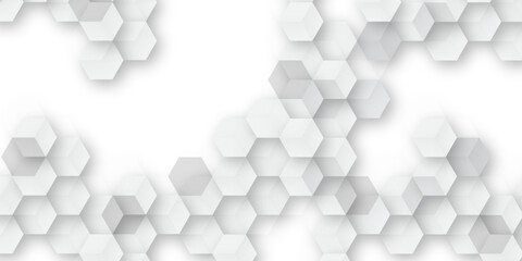 A subtle hexagon pattern background with interconnected shapes in soft gray and white. Simple abstract modern background White geometric hexagonal honeycomb shape texture background 3d copy space.	
