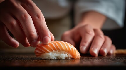 Close-up of sushi rice being pressed into a nigiri by a chef’s fingers