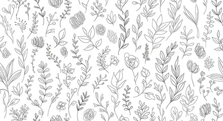 Hand-Drawn Seamless Botanical Pattern with Minimalist Line Art Florals, Leaves, and Sketch Scribbles. Elegant Doodle Background.