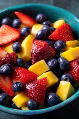 Obraz premium Vibrant Close-up of Fruit Salad: Featuring Strawberry, Mango and Blueberry