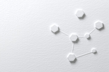 A minimalistic white background featuring hexagonal shapes interconnected, symbolizing science or chemical structures.