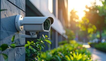 Exterior security camera mounted on a dark textured wall, with a sunny background. Lush greenery is below. The perspective faces the camera