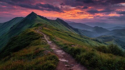 Obraz premium Winding Path on a Lush Green Ridgeline during Sunset or Sunrise