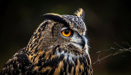Fototapeta premium Detailed portrait of a majestic owl, showcasing its striking orange eyes and patterned plumage against a blurred dark background