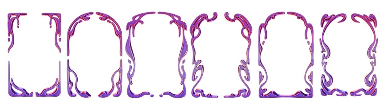 3D liquid chrome frame, futuristic y2k gothic metal set, organic empty banner aesthetic border kit. Melted silver shapes, holographic droplet symmetric ornament, neon cosmic fluid metal. Chrome frame