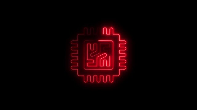 Red neon circuit board chip icon on black background processor microchip