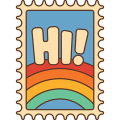 Retro Stamp with Hi Message and Rainbow Design Blue Sky Background