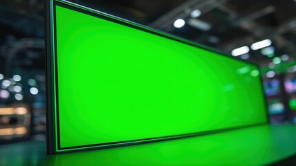 イベント会場の暗い空間に設置された、コンテンツ合成用のグリーンバックが表示された大型デジタルディスプレイ | Large digital display showing a green screen for content overlay, set in a dark space at an exhibition or event venue.