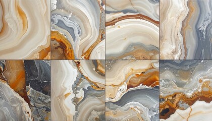 Eight tiles showcasing swirled, marbled stone patterns in earthy tones of tan, grey, and orange, creating a natural, flowing effect