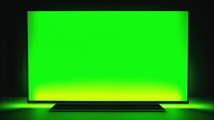 暗い環境に置かれた薄型ディスプレイに表示された、合成用の鮮やかなグリーンスクリーン | Close-up of a modern thin display screen showing vivid chroma key green against a dark background, ideal for digital compositing
