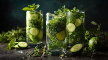 Fototapeta premium Refreshing Cucumber Mint Infused Water Served in Tall Glasses