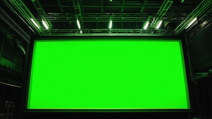 撮影スタジオの暗いセットに設置された、映像合成用の巨大なグリーンスクリーンと照明設備 | Large green screen and professional lighting equipment installed in a dark film production studio set