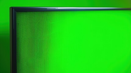 テレビ画面の隅に表示された高精細なクロマキーグリーンの背景をクローズアップで撮影 | Close-up shot of an HD television screen corner showing a vibrant chroma key green background