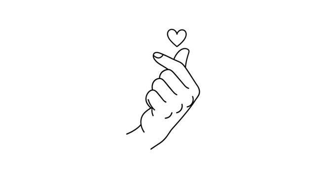 Simple line art illustration of a hand performing the Korean finger heart gesture, a symbol of love and appreciation, with a small heart above.
