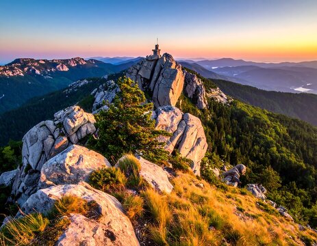 Panoramic view of a mountain range during a vibrant sunrise