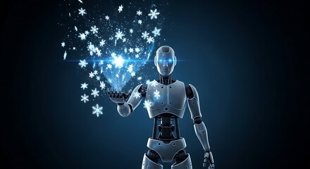 Futuristic robot conjures glowing snowflakes, symbolizing AI innovation and winter magic