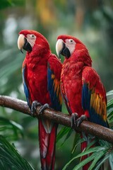 Obraz premium Pair of Scarlet Macaws Glistening with Raindrops Sitting on Branch in Rainforest