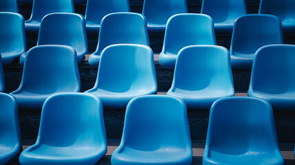 Fototapeta premium Blue plastic stadium seat in repeating rows creates rhythmic pattern and calm atmosphere for empty outdoor arena spectators